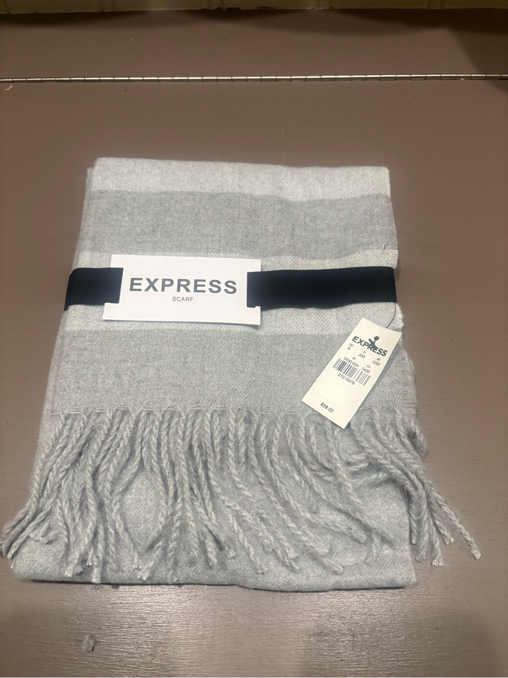 Express Gray and White Striped Fringe Scarf
